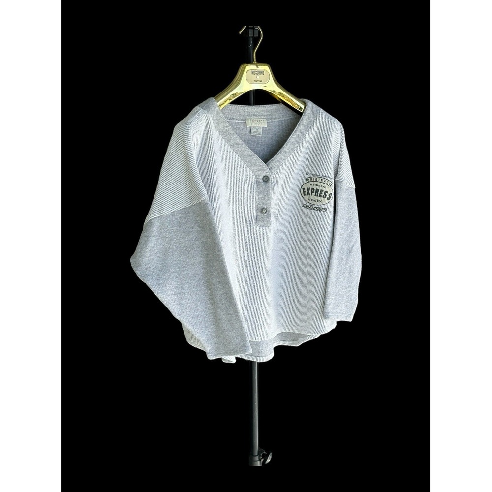 Vintage 90s Express-Tricot Cardigan Sweatshirt Womens Medium Grey Cropped Y2K - Picture 9 of 9